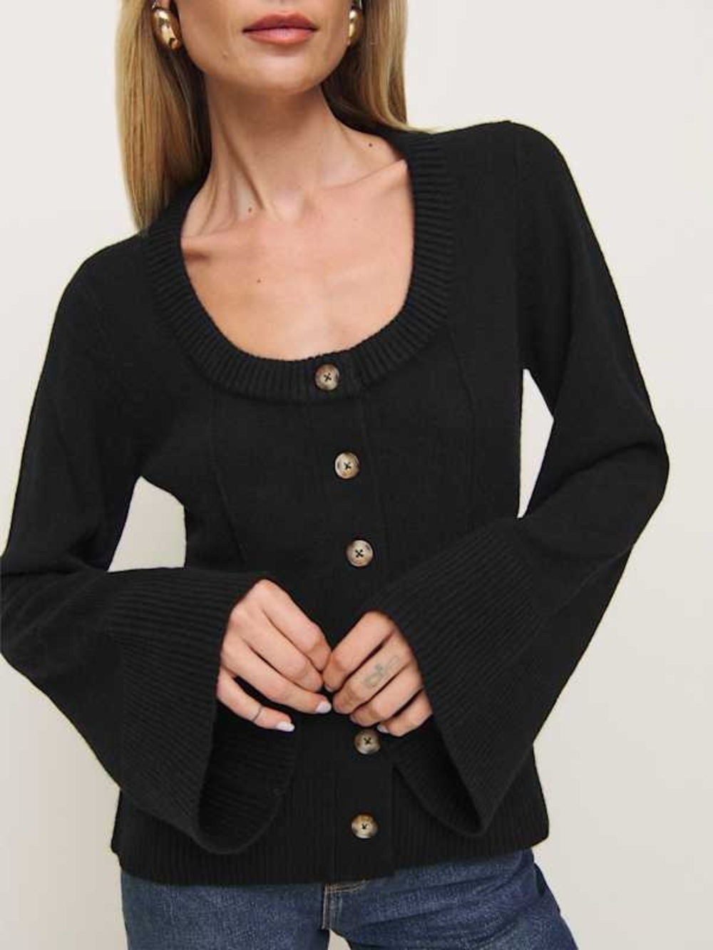 Reformation Black Scoop Neck Button-Front Bell Sleeve Cardigan